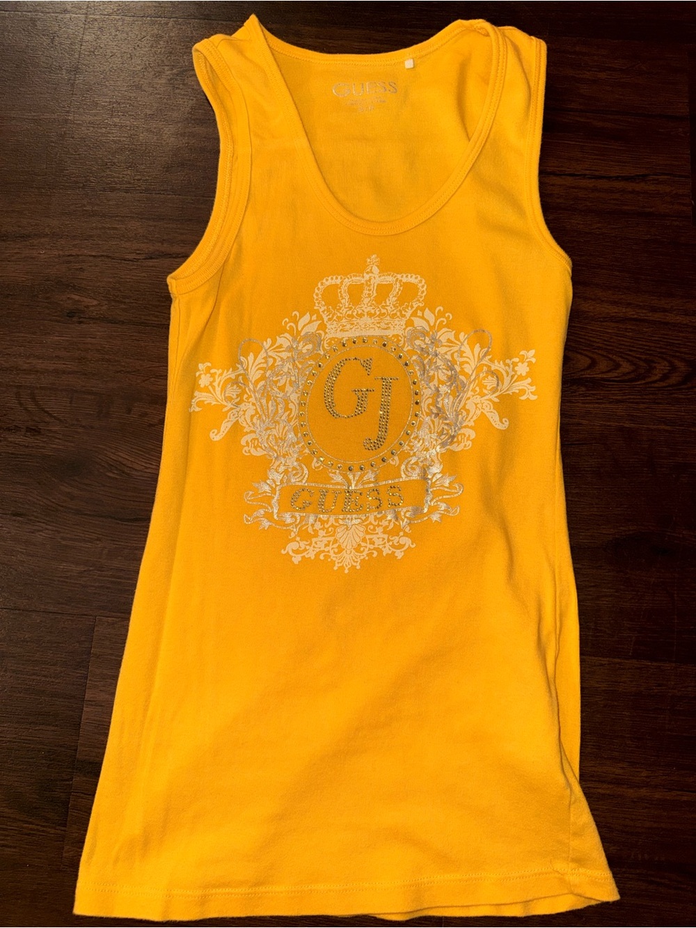 2K Guess Yellow Rhinestone Crown Logo Ribbed Tank Top Size Small
